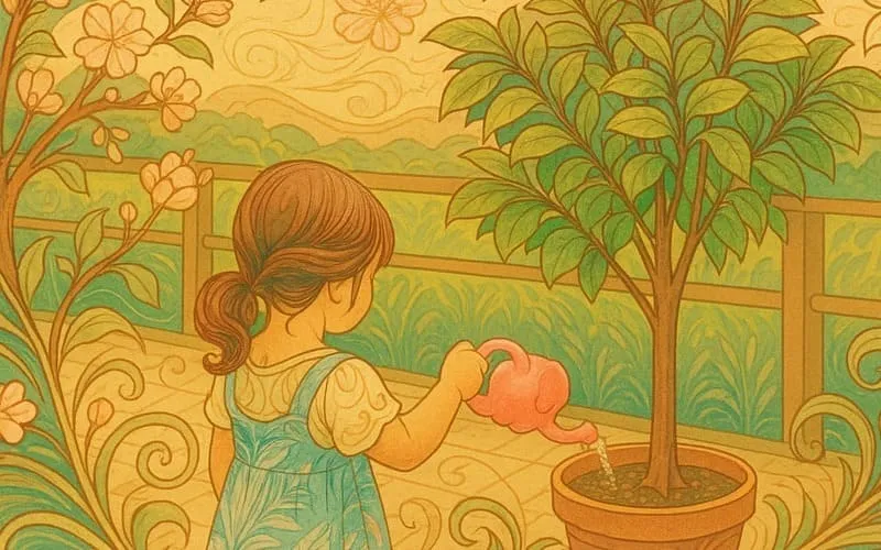 鉢植えに水をあげる幼い女の子のイラスト