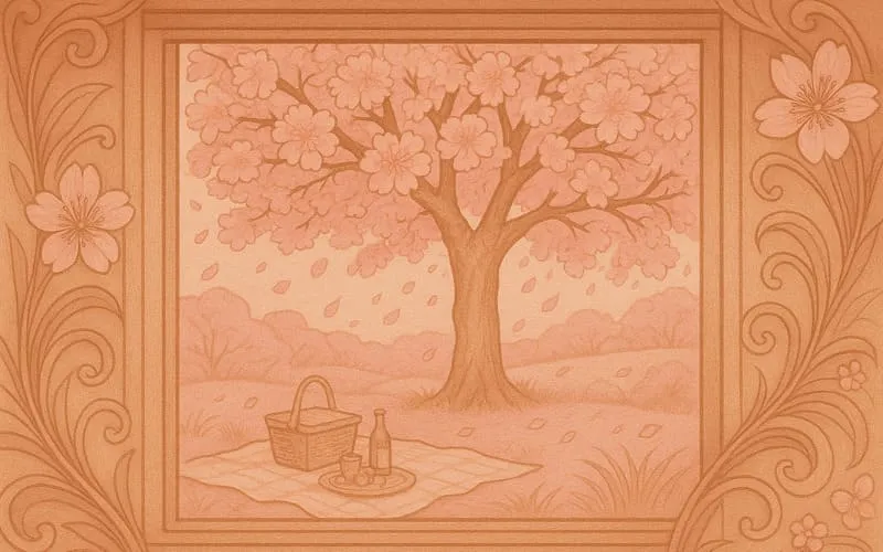 桜の木の下でピクニックを楽しむ春の風景イラスト