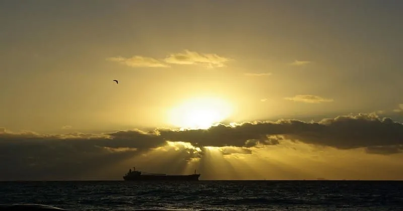 朝焼けの海に浮かぶ貨物船のシルエット