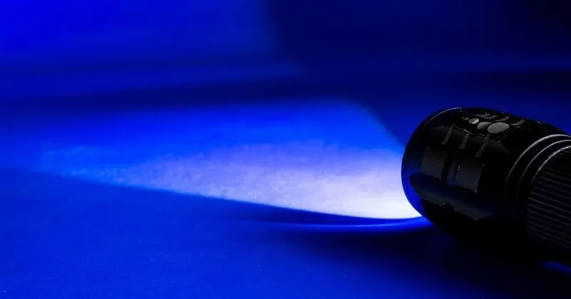 暗い机の上を照らす懐中電灯の青い光