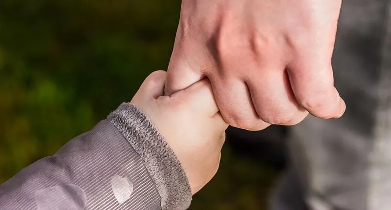 大人の指をぎゅっと握る子どもの手元の近景