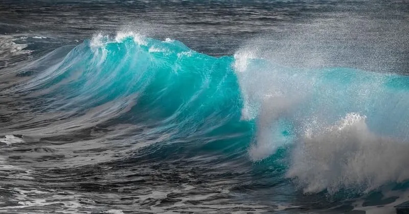 白い飛沫を上げる青い波と暗い海面