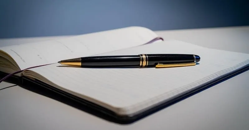 机の上の開いたノートと黒いペン