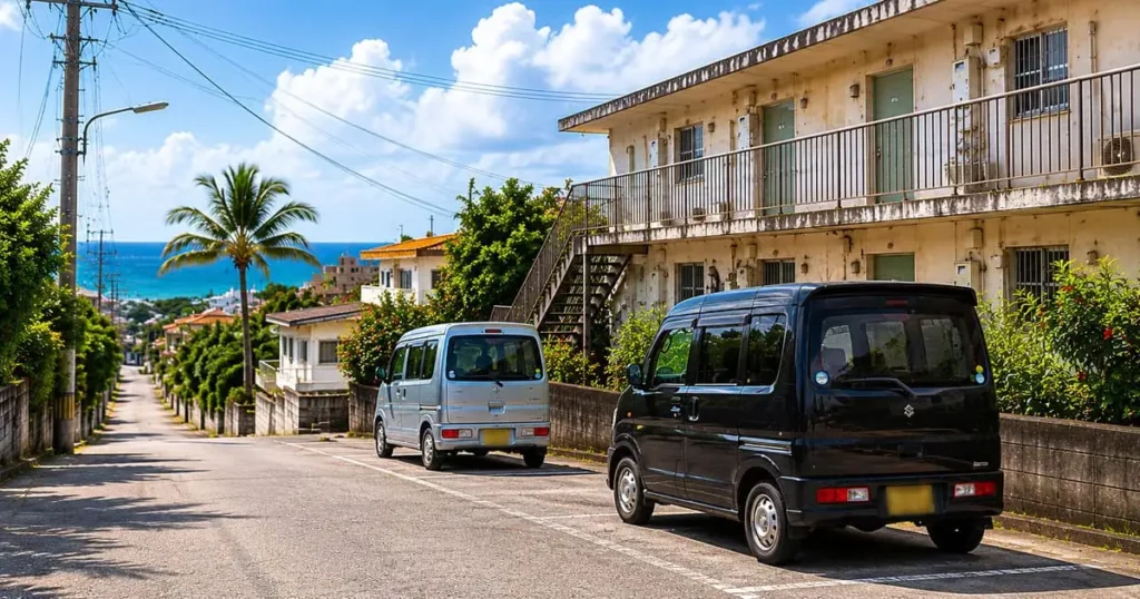 海が見える住宅街の道路沿いに軽自動車が停まっている風景