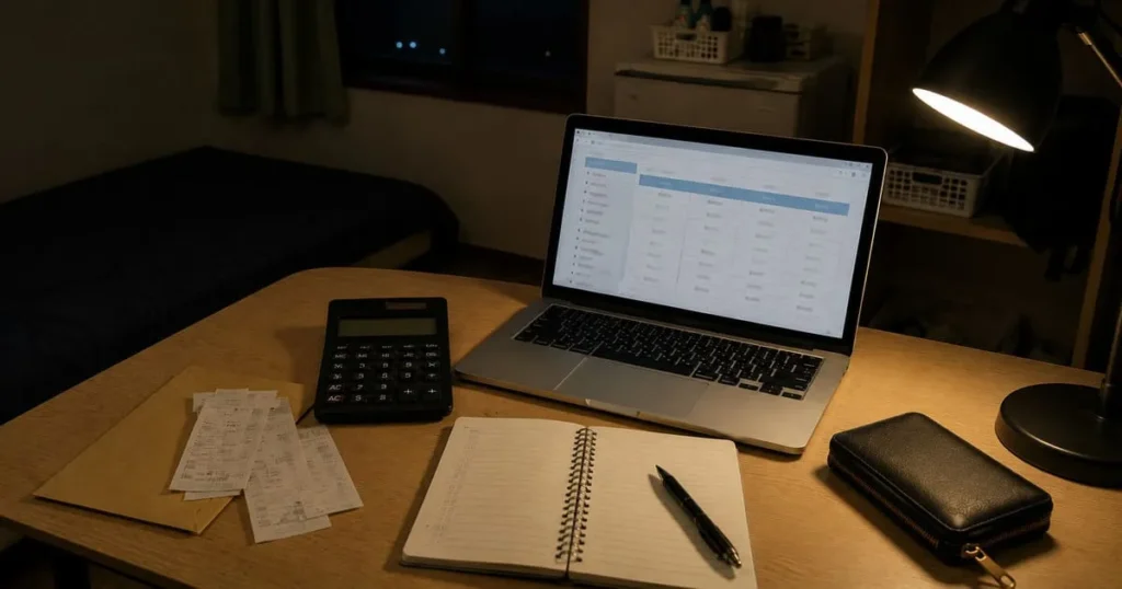 夜の部屋でレシート、電卓、ノート、パソコンを並べて生活費を確認している机