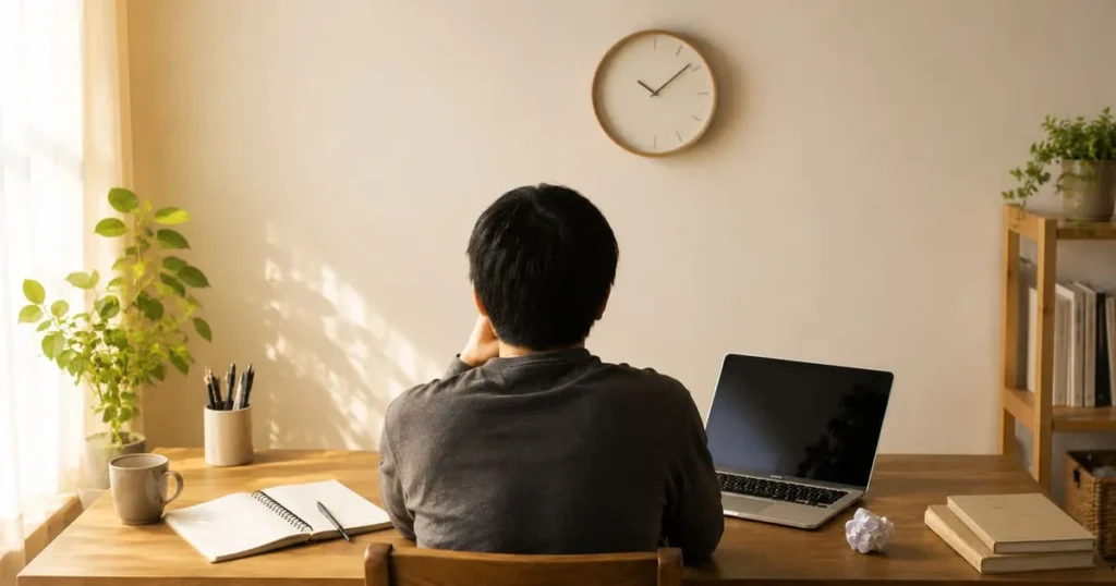 時計のある部屋で、机に向かいながら作業の入口を考える人の後ろ姿