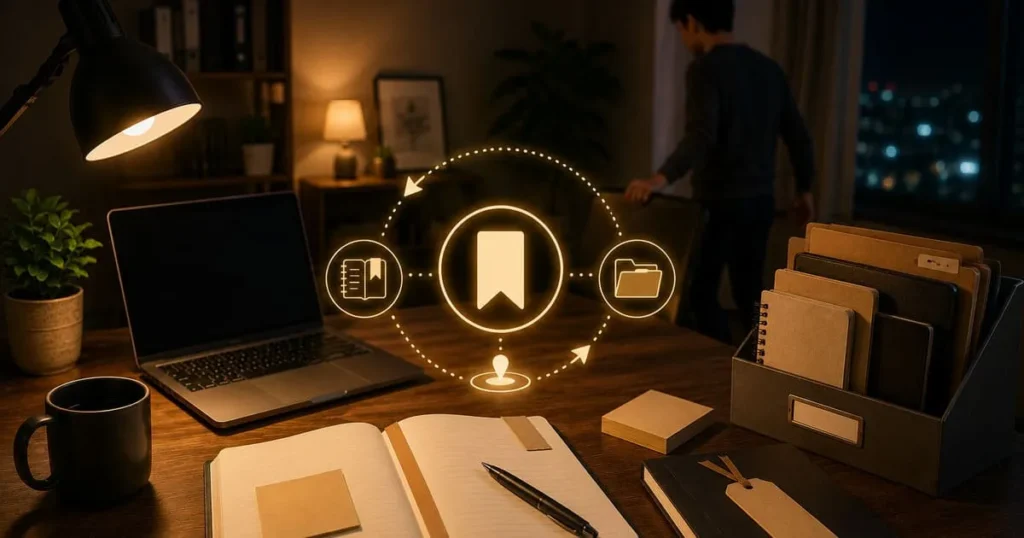 夜の作業机に置かれたノートとPC、再開する入口を示すアイコンのあるイメージ