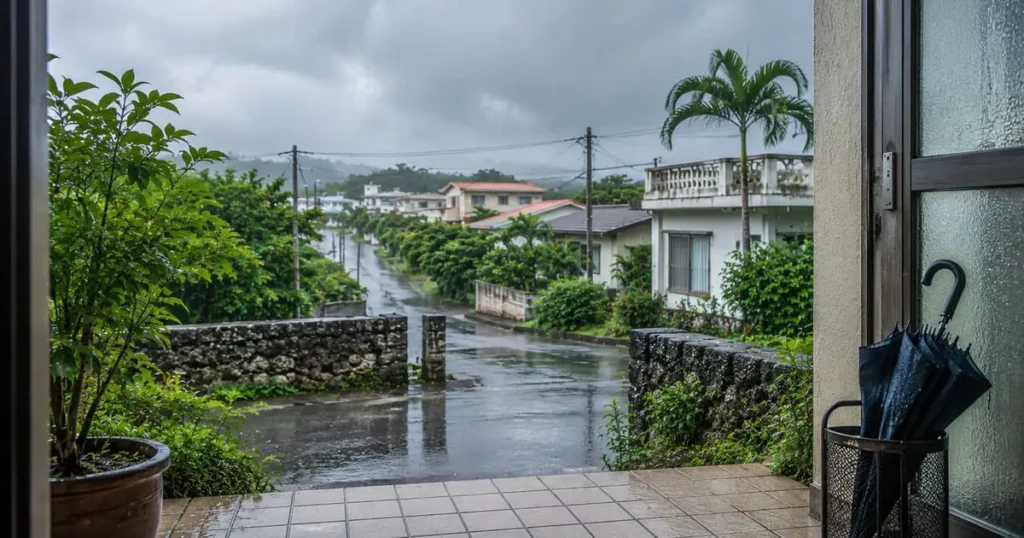 石垣島の梅雨で雨に濡れた住宅街を玄関から見る様子