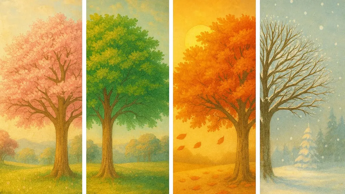 四季の風景を描いたアールヌーヴォー調のイラスト。春夏秋冬の木々が並び、自然の移ろいを柔らかな色合いで表現している。