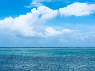 浅瀬の青い海と水平線、夏雲が速く流れる朝