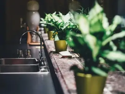 弱い灯りの台所シンクと緑、静かな夜の家事の準備