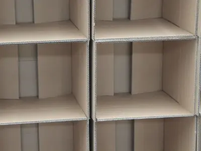 段ボール箱で区切られた空の棚