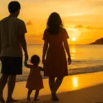 夕焼けの浜辺を歩く家族のシルエット