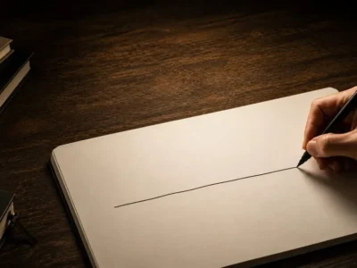 白紙のノートにペンで1本の線を書き始める手元