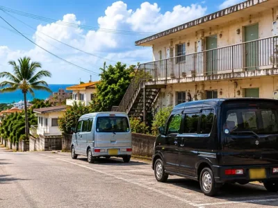 海が見える住宅街の道路沿いに軽自動車が停まっている風景