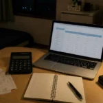 夜の部屋でレシート、電卓、ノート、パソコンを並べて生活費を確認している机