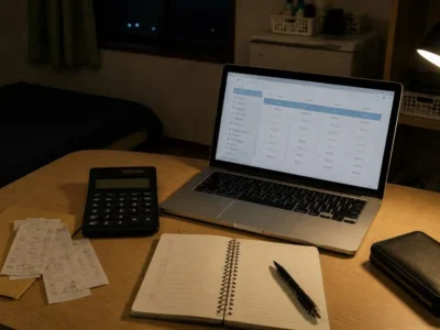 夜の部屋でレシート、電卓、ノート、パソコンを並べて生活費を確認している机