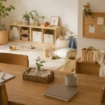在宅ワークの机と子どもの遊び場が同じ空間にあるリビング