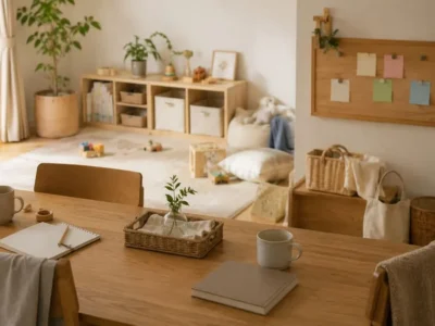 在宅ワークの机と子どもの遊び場が同じ空間にあるリビング