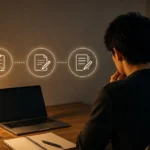 夜の部屋でノートパソコンを前に記事作成の工程を考える人