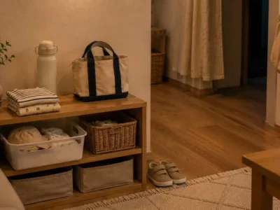 前夜にお出かけ用の水筒、着替え、バッグを棚にまとめた室内