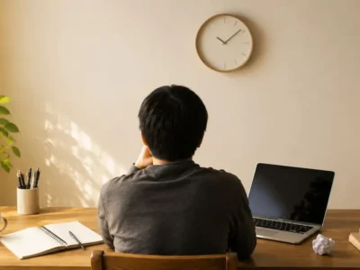 時計のある部屋で、机に向かいながら作業の入口を考える人の後ろ姿