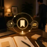 夜の作業机に置かれたノートとPC、再開する入口を示すアイコンのあるイメージ