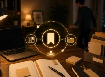 夜の作業机に置かれたノートとPC、再開する入口を示すアイコンのあるイメージ