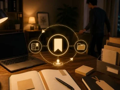 夜の作業机に置かれたノートとPC、再開する入口を示すアイコンのあるイメージ