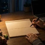 夜の机で副業を始める前にノートへ線引きを書く手元