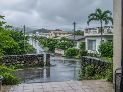 石垣島の梅雨で雨に濡れた住宅街を玄関から見る様子