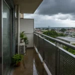 雨に濡れた石垣島のベランダと曇り空の街並み