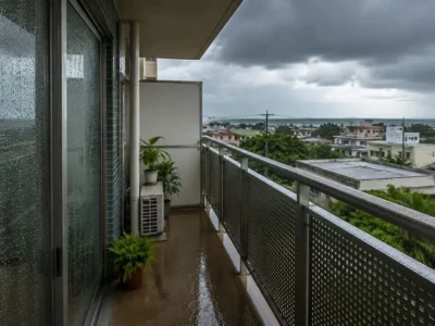 雨に濡れた石垣島のベランダと曇り空の街並み