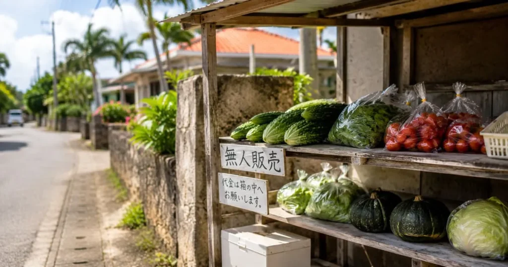 石垣島の住宅地沿いにある無人販売所に並ぶゴーヤやトマトなどの野菜