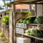 石垣島の住宅地沿いにある無人販売所に並ぶゴーヤやトマトなどの野菜