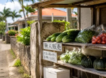 石垣島の住宅地沿いにある無人販売所に並ぶゴーヤやトマトなどの野菜