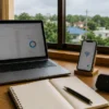 窓辺のノートPCとスマートフォン、Wi-Fiルーター、モバイルルーター