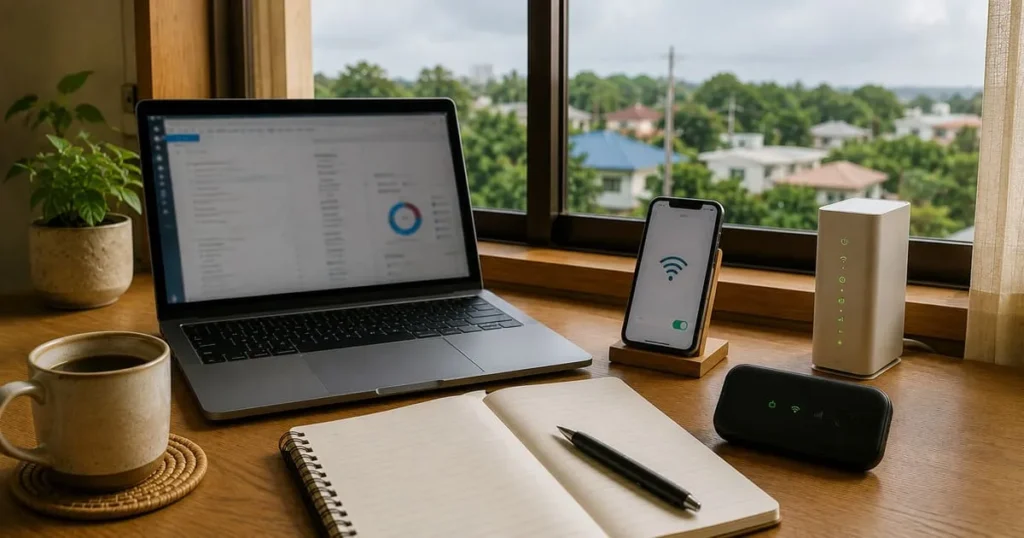 窓辺のノートPCとスマートフォン、Wi-Fiルーター、モバイルルーター