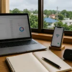 窓辺のノートPCとスマートフォン、Wi-Fiルーター、モバイルルーター