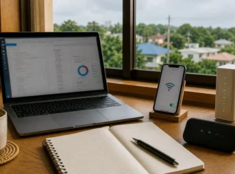 窓辺のノートPCとスマートフォン、Wi-Fiルーター、モバイルルーター