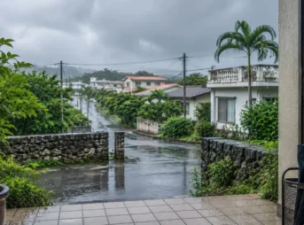 雨で濡れた石垣島の住宅街と玄関に置かれた傘