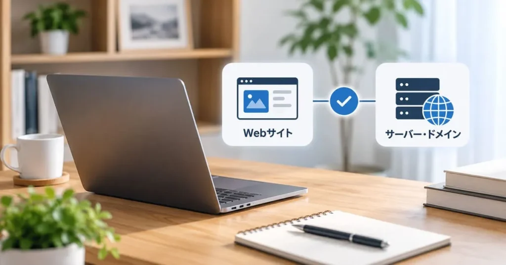 ノートパソコンとWebサイト、サーバー・ドメインを示すイメージ