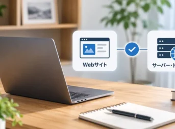ノートパソコンとWebサイト、サーバー・ドメインを示すイメージ