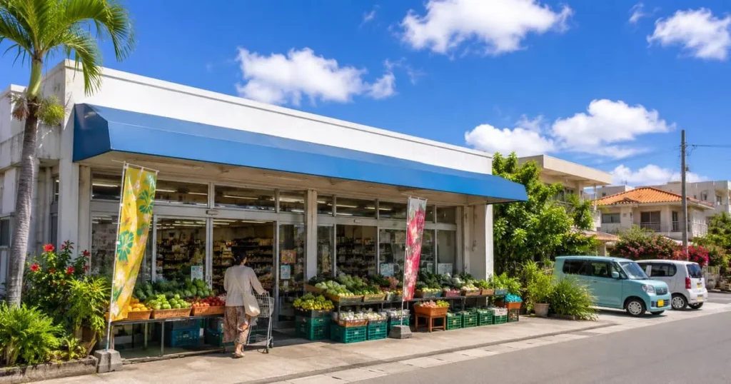 南国の街並みにある商店の店先に野菜が並ぶ買い物風景