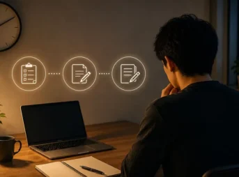 夜のデスクで記事作成の3つの工程を考えるイメージ